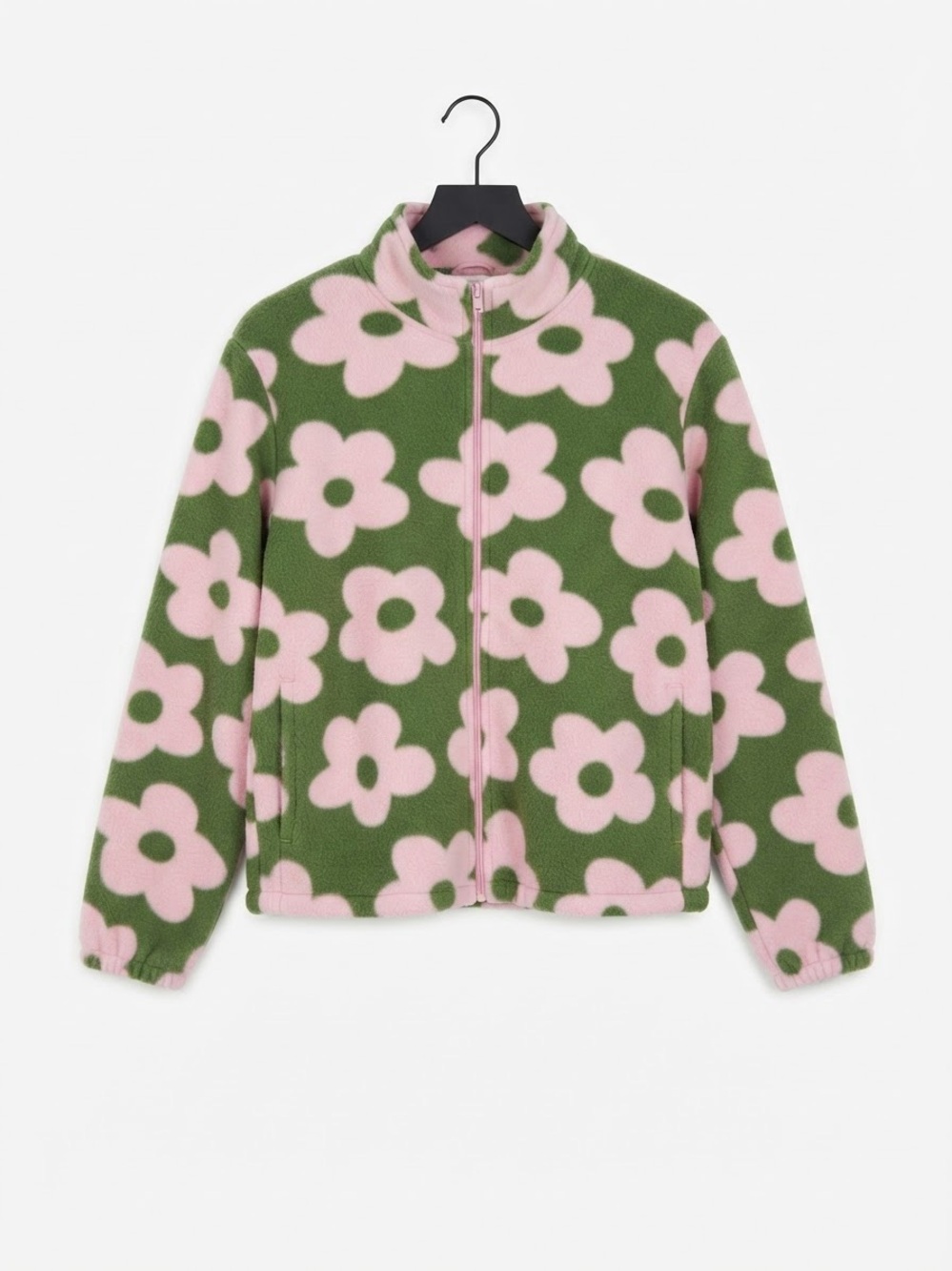 Floral Print Fleece Puffer Jacket - Pink & Green